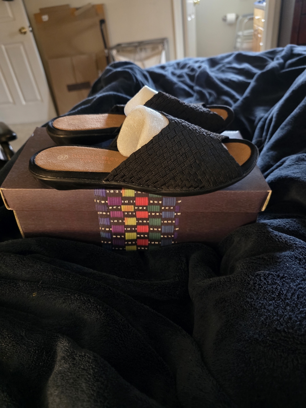 bernie mev. Black Woven Slide Mules